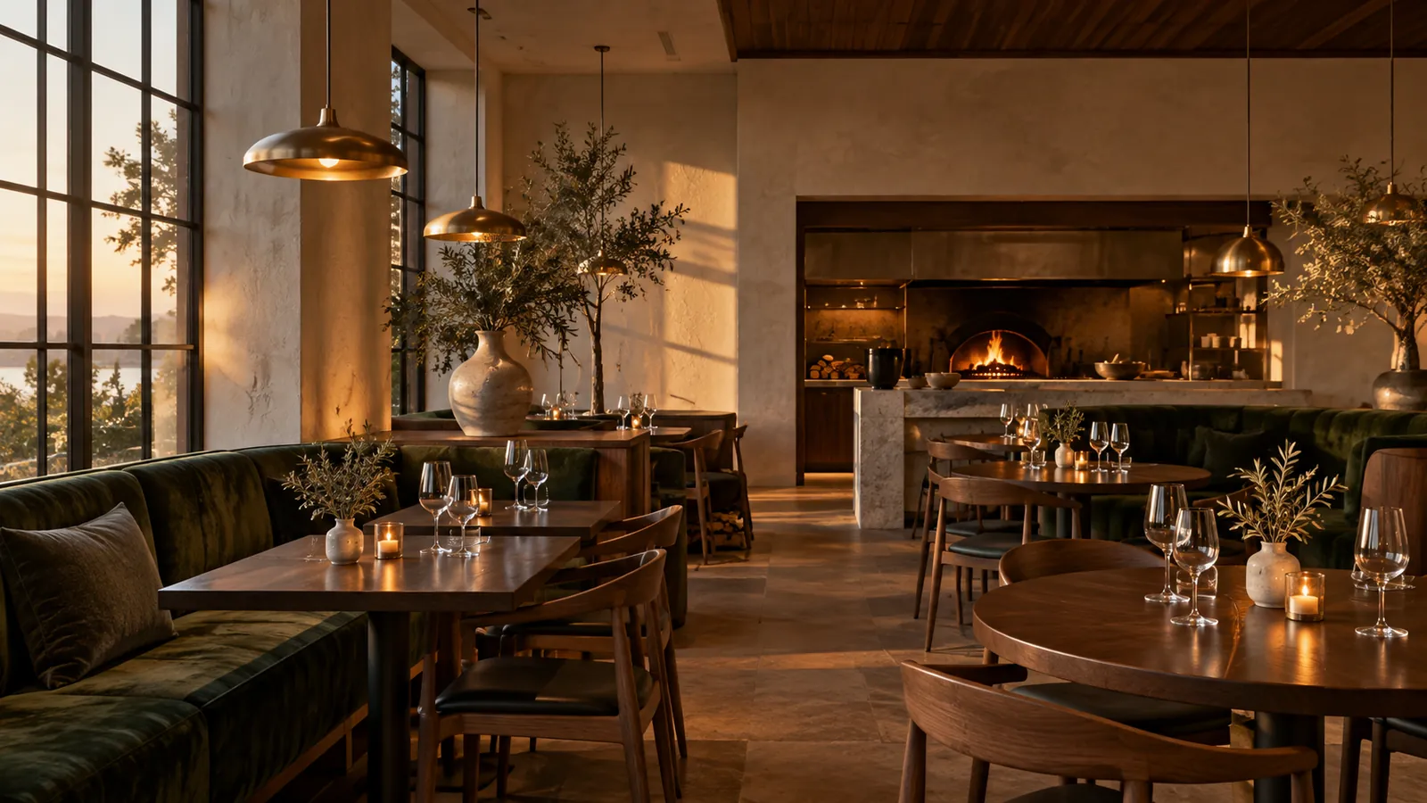 The Juniper & Ash dining room at golden hour: green velvet banquettes, walnut tables, brass pendants and the wood-fired hearth