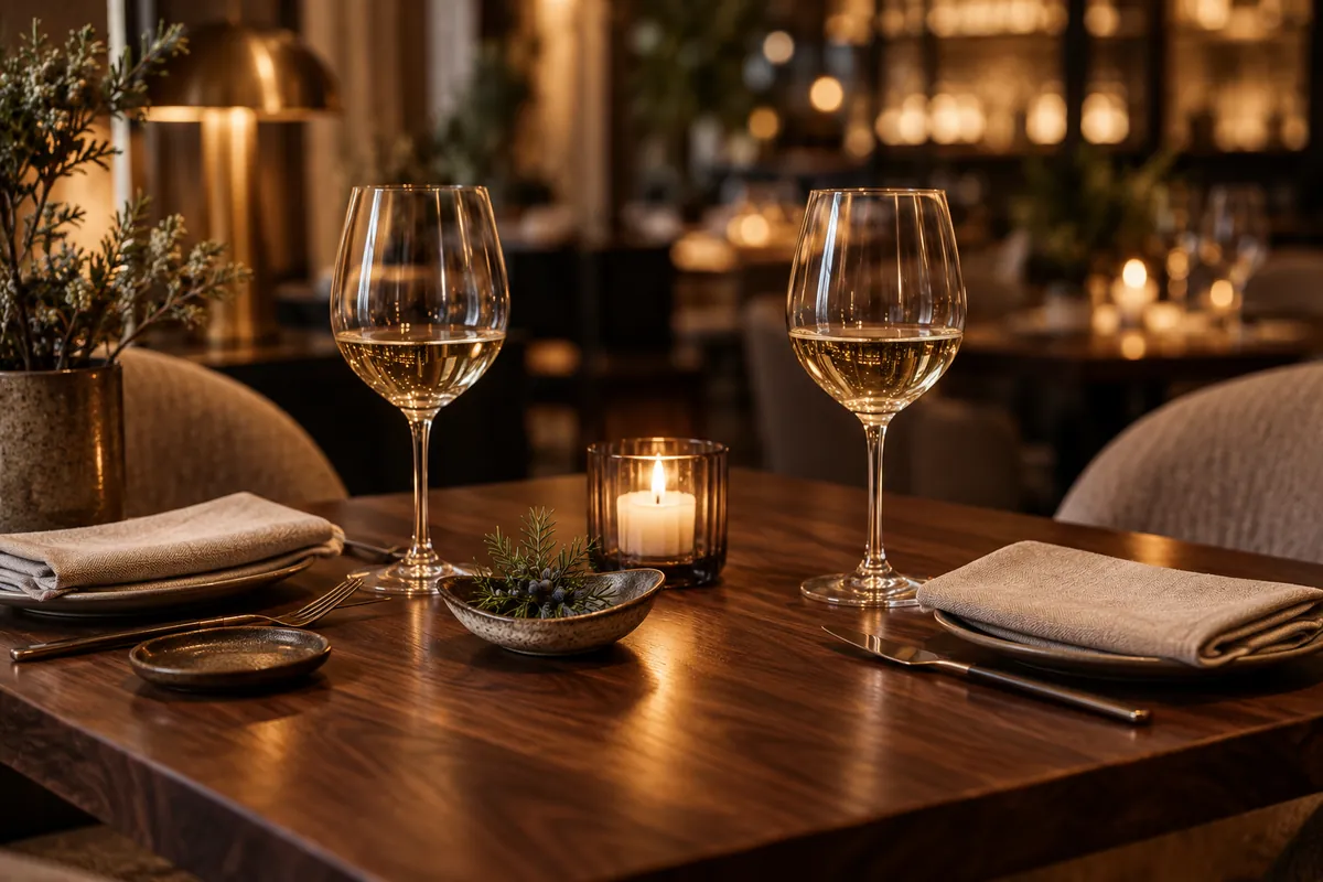 A candlelit table for two with wine glasses, linen napkins and a sprig of juniper
